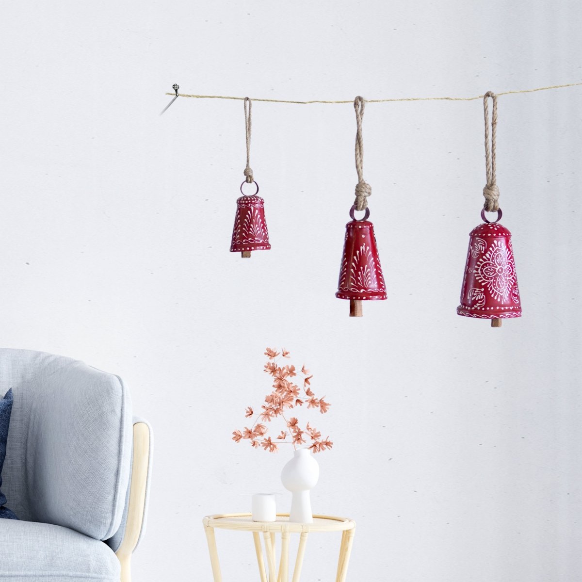 Kezevel Handmade Metal Hanging Bells - Set of 3 Red and White Antique Wind Chimes with Rope for Home Garden Decor, Balcony