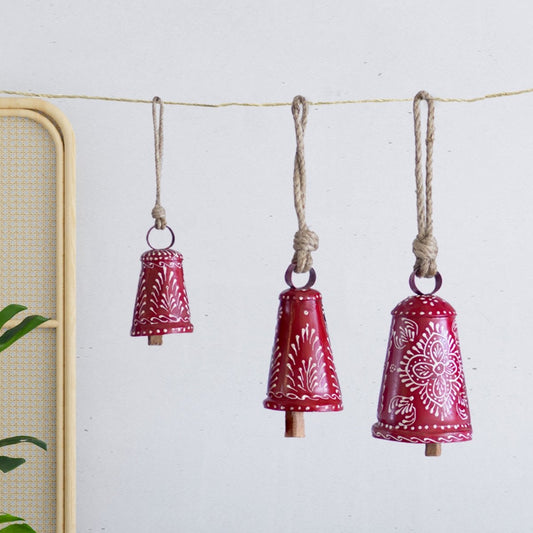 Kezevel Handmade Metal Hanging Bells - Set of 3 Red and White Antique Wind Chimes with Rope for Home Garden Decor, Balcony