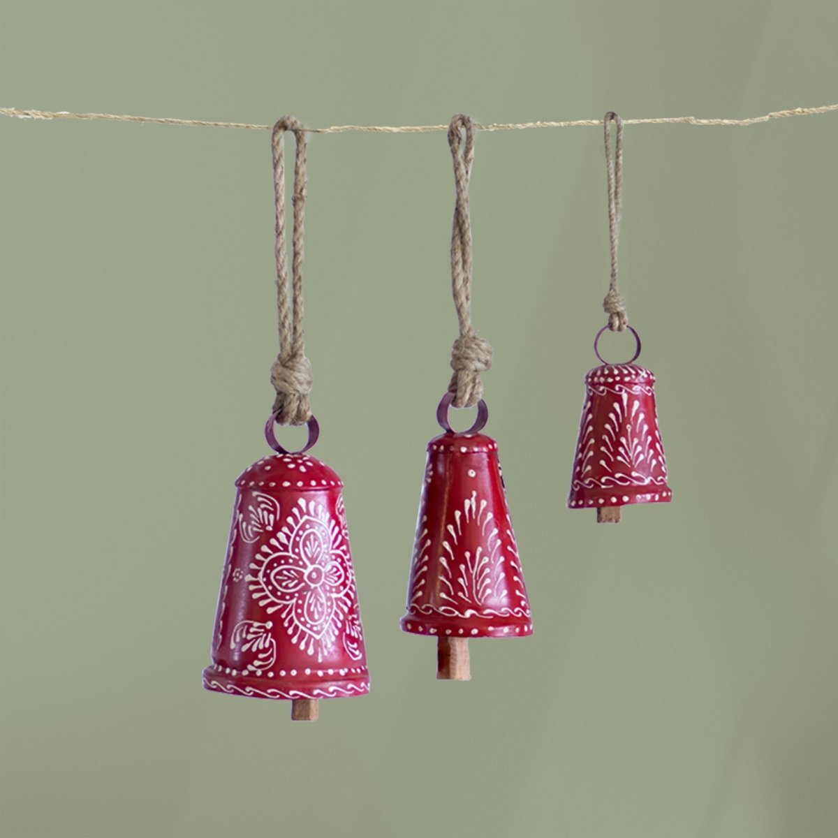 Kezevel Handmade Metal Hanging Bells - Set of 3 Red and White Antique Wind Chimes with Rope for Home Garden Decor, Balcony