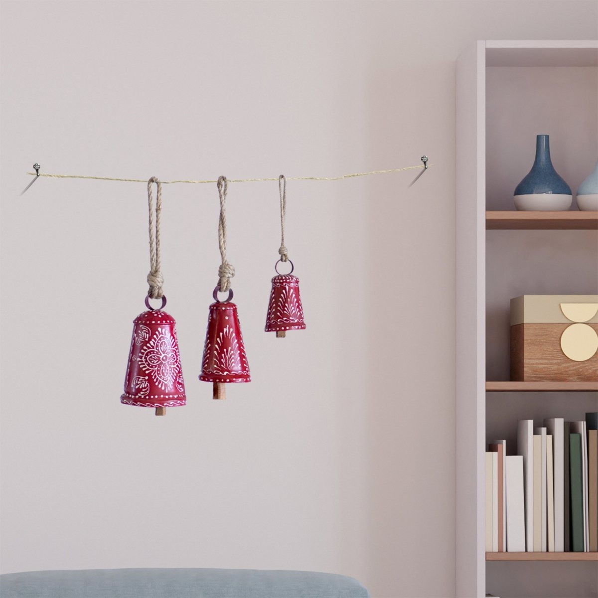 Kezevel Handmade Metal Hanging Bells - Set of 3 Red and White Antique Wind Chimes with Rope for Home Garden Decor, Balcony