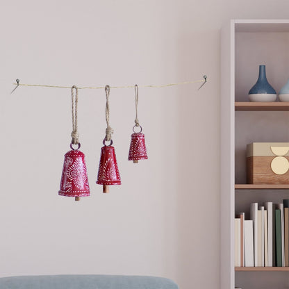 Kezevel Handmade Metal Hanging Bells - Set of 3 Red and White Antique Wind Chimes with Rope for Home Garden Decor, Balcony