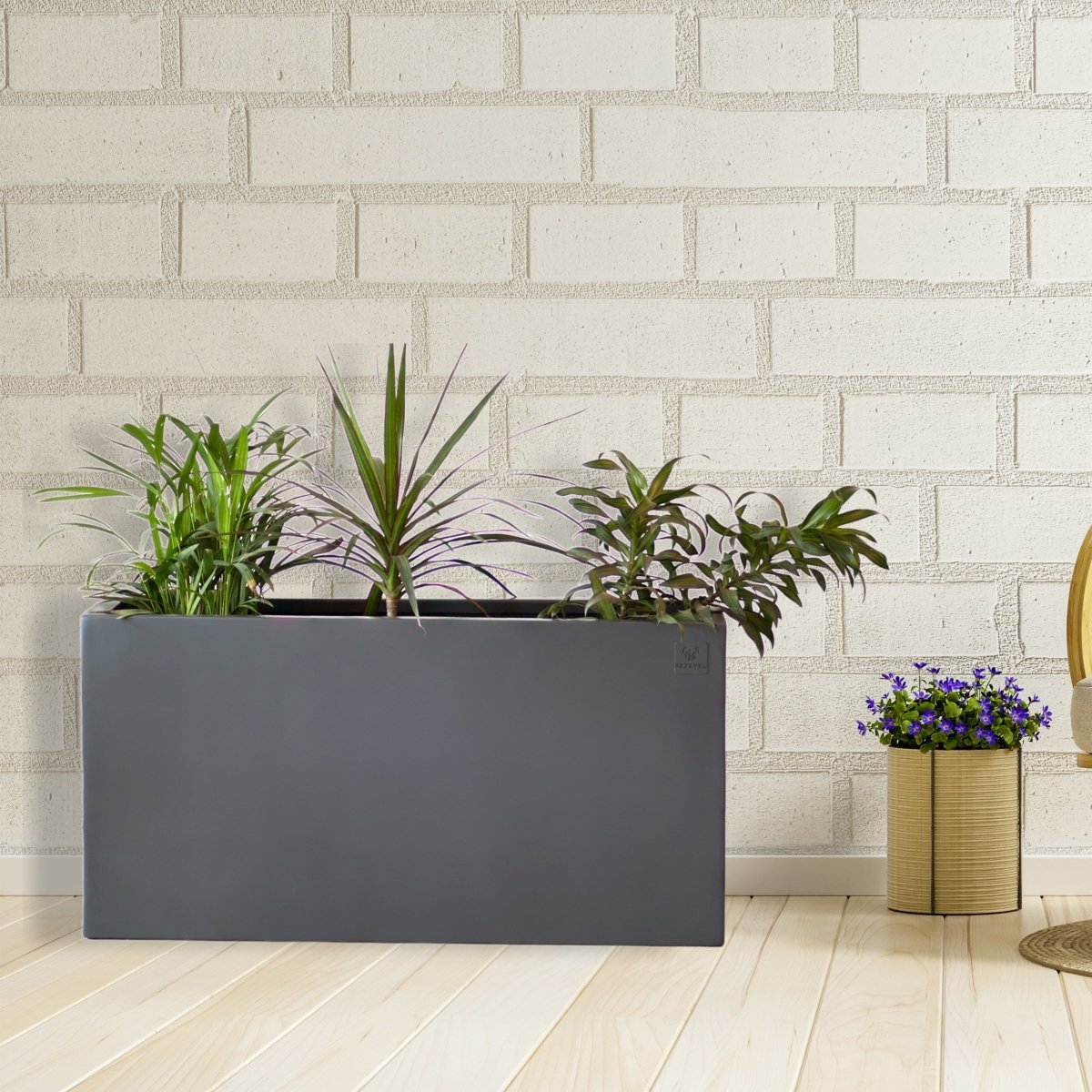 Kezevel Indoor Outdoor FRP Planters - Lightweight and Durable Matte Grey Rectangle Flower Pot, Tree Planter for Garden Décor