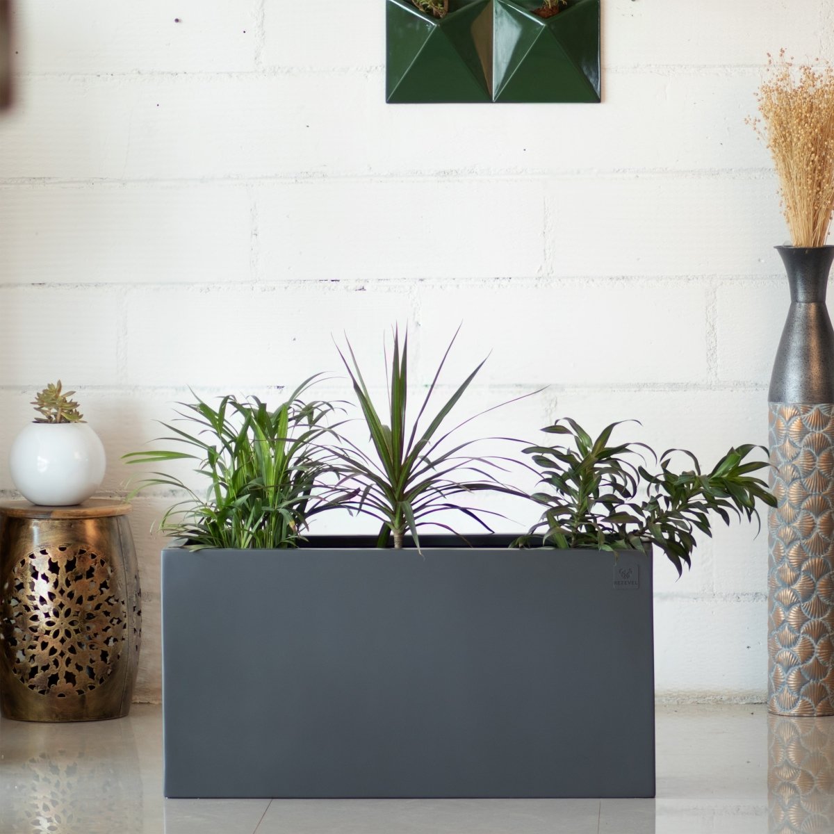 Kezevel Indoor Outdoor FRP Planters - Lightweight and Durable Matte Grey Rectangle Flower Pot, Tree Planter for Garden Décor