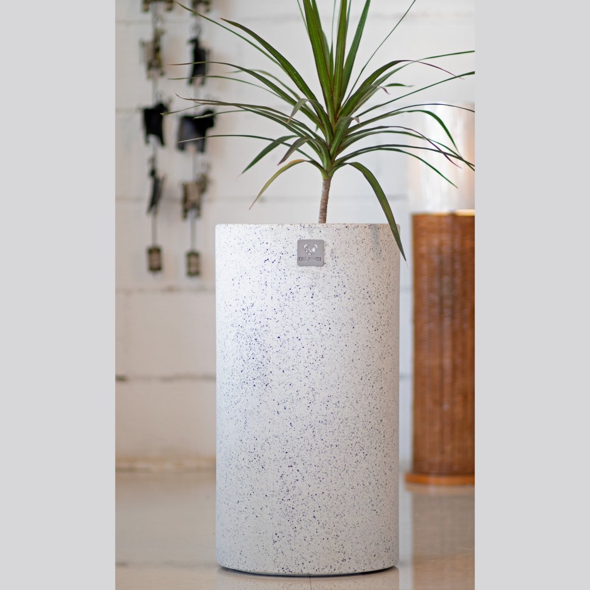 Kezevel Indoor Outdoor FRP Planters - Lightweight Durable Matte White Stone Finish Cylindrical Flower Pot, Garden Planter