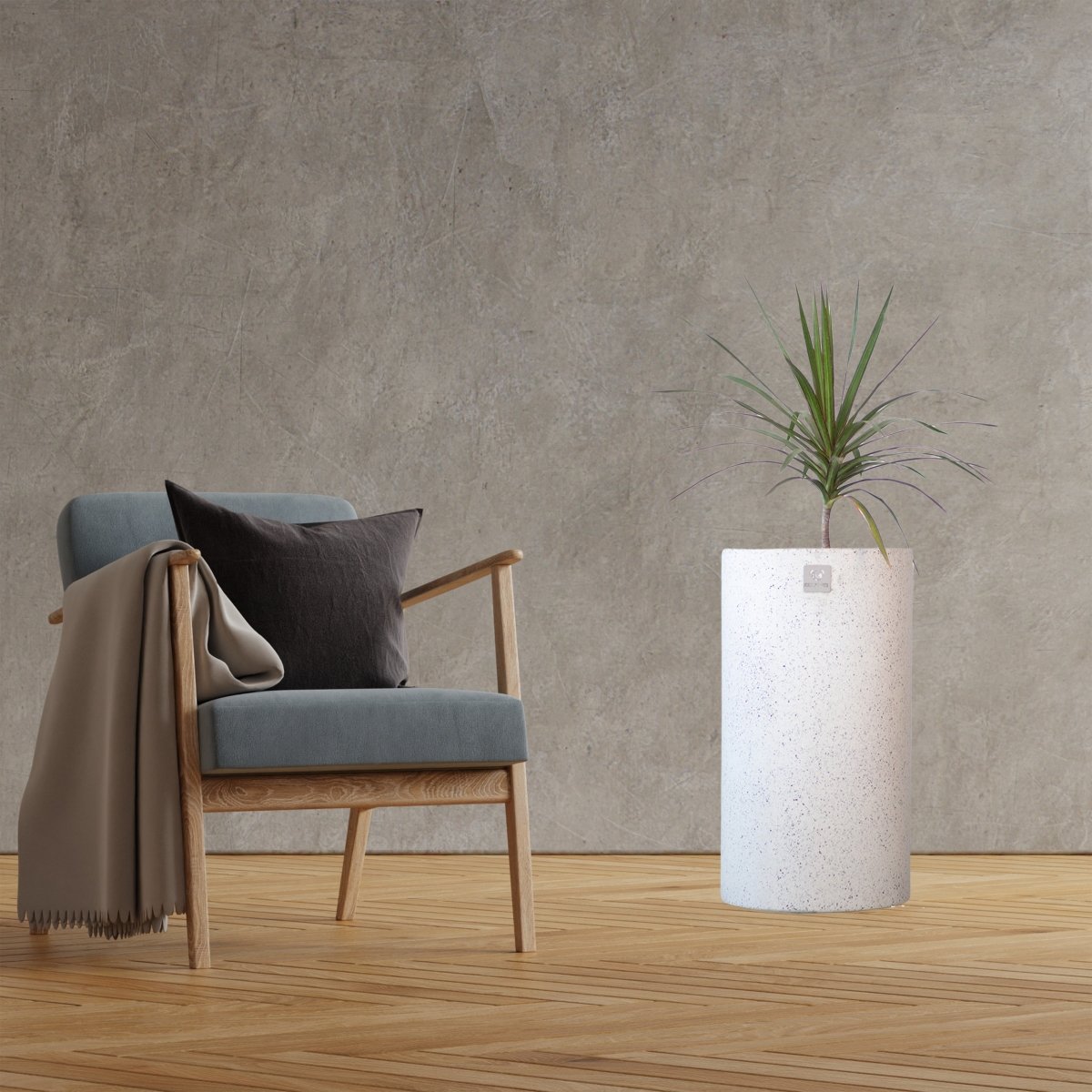 Kezevel Indoor Outdoor FRP Planters - Lightweight Durable Matte White Stone Finish Cylindrical Flower Pot, Garden Planter