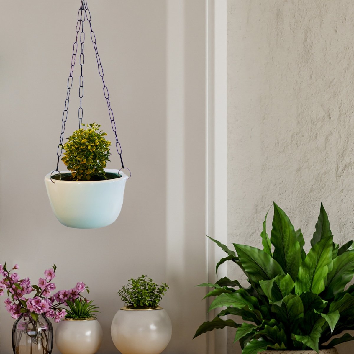 Kezevel Indoor Outdoor FRP Planters - White Hanging Flower Pot, Lightweight Durable Glossy Hanging Planter Garden Home Décor