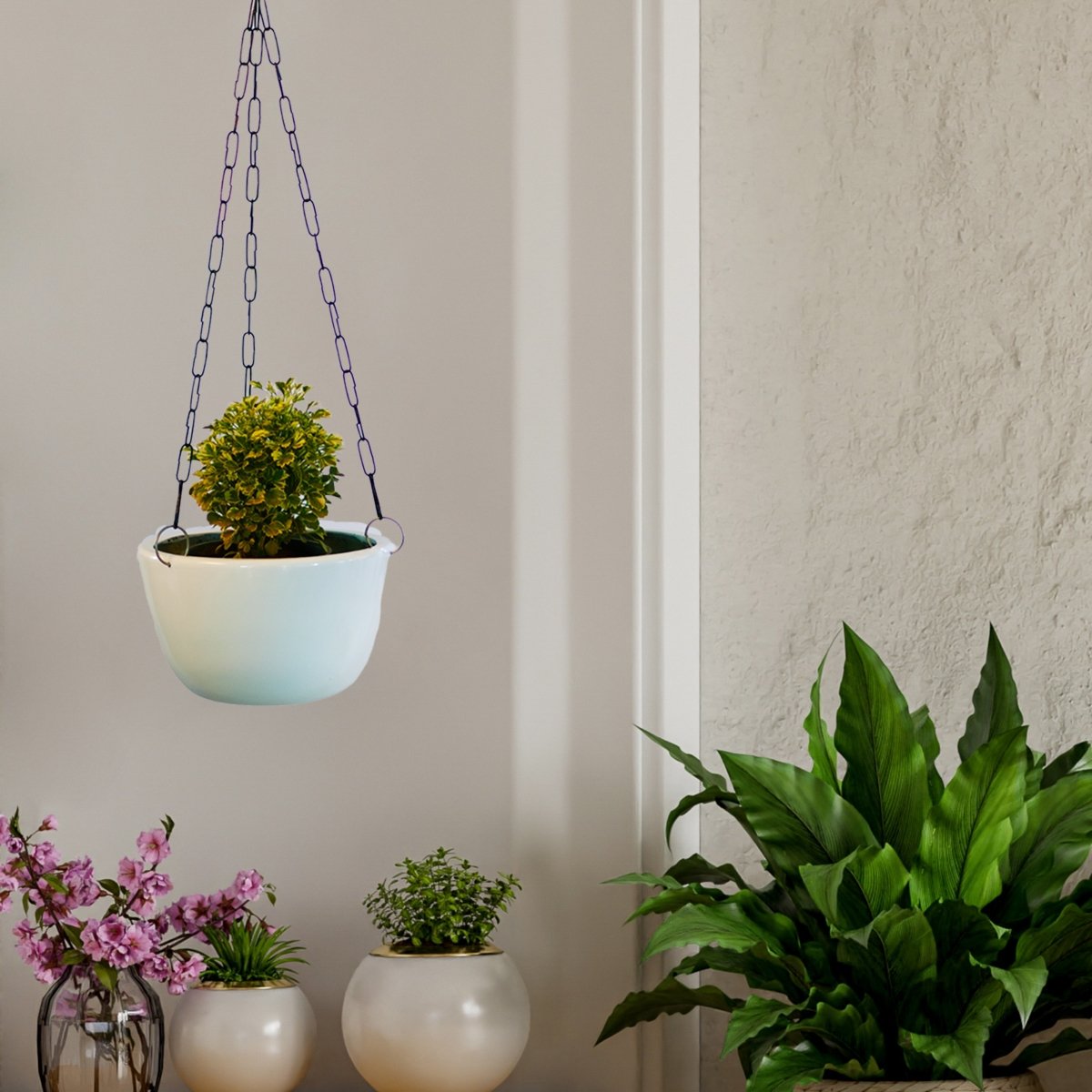outdoor white hanging planter Kezevel Indoor Outdoor FRP Planters - White Hanging Flower Pot, Lightweight Durable Glossy Hanging Planter Garden Home Décor, Size 20.32X20.32X12.70CM