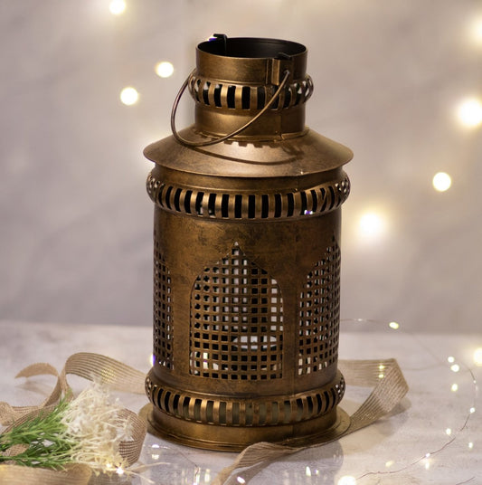 Kezevel Jaisalmeri Mehrab Art Antique Golden Chrome Burni Lantern with Candle Diya Holder - Kezevel