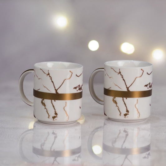 Kezevel Marble Finish Mugs - Set of 2 White and Stripes of Gold Mugs - Kezevel