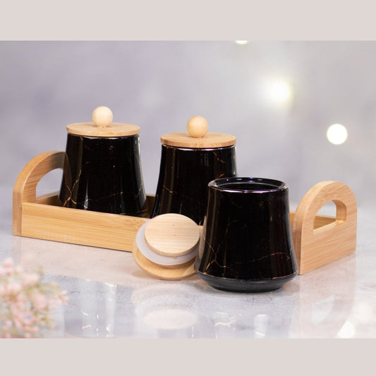 Kezevel Marble finish Porcelain Jars - Set of 3 with a Bamboo Tray Holder. Black and Golden Marble Finish. - Kezevel