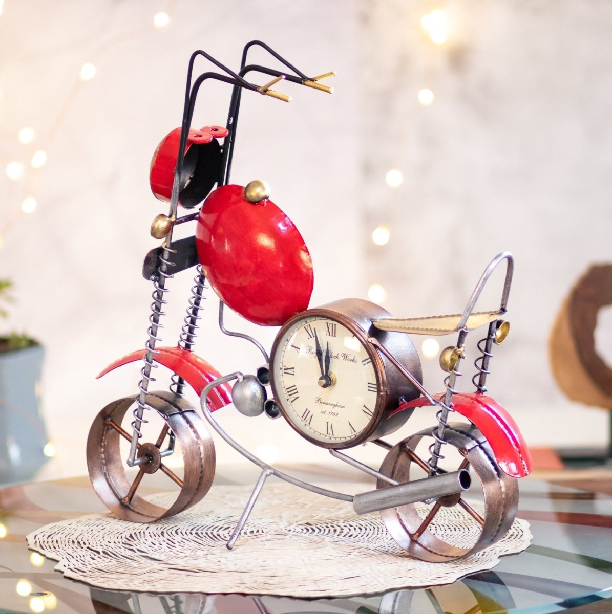 Kezevel Metal Bike with Watch Table Decor - Handcrafted Bike Table Decorative in Red Bronze Finish, Metal Showpieces for Home Decor, Size 40X10X37.5CM - Kezevel