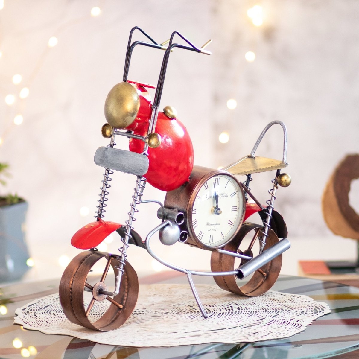 Kezevel Metal Bike with Watch Table Decor - Handcrafted Bike Table Decorative in Red Bronze Finish, Metal Showpieces for Home Decor, Size 40X10X37.5CM - Kezevel
