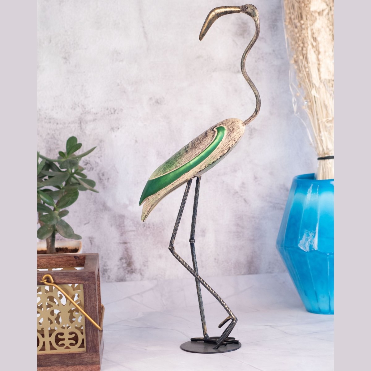 Kezevel Metal Birds Table Decor - Bird Figurines Statue in Antique Golden Green Finish, Metal Showpieces for Home Decor