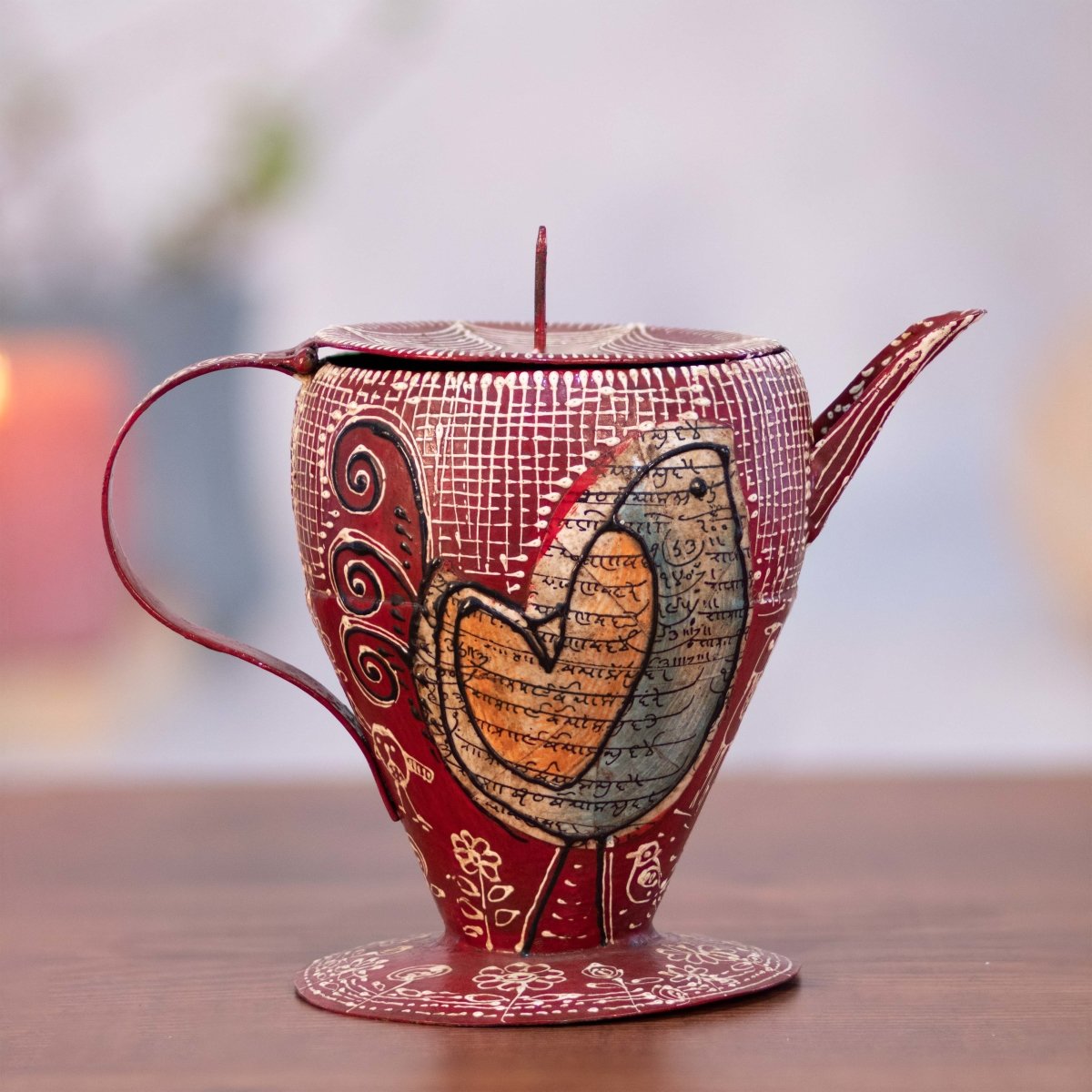 Kezevel Metal Candle Holder - Hand Painted Matte Red Aladdin Lamp Shaped Candle Holder for Home Decoration, Room Decoration