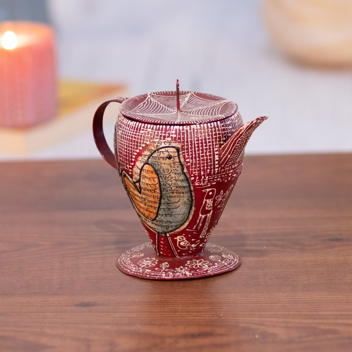 Kezevel Metal Candle Holder - Hand Painted Matte Red Aladdin Lamp Shaped Candle Holder for Home Decoration, Room Decoration