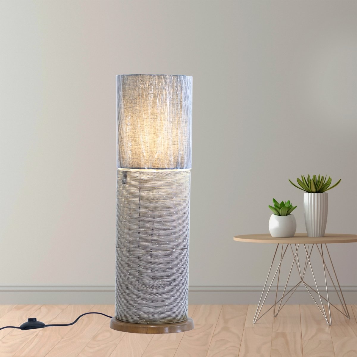 Kezevel Metal Decor Floor Lamp - Silver Lamp, Grey Fabric Shade Handcrafted Long Floor Lamp for Living Room, Bedroom, Foyer