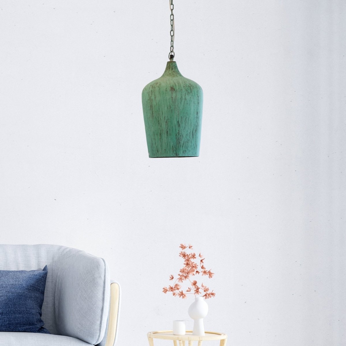 Kezevel Metal Decor Hanging Light - Handcrafted Blue Patina Hanging Light for Living Room, Decorative Pendant Light for Balcony Size 25.4X25.4X43.18CM - Kezevel