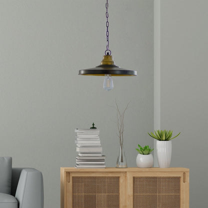 Kezevel Metal Decor Hanging Light - Handcrafted Flat Round Matte Black Golden Hanging Light for Living Room, Decorative Pendant Light, Size 37X37X12CM - Kezevel
