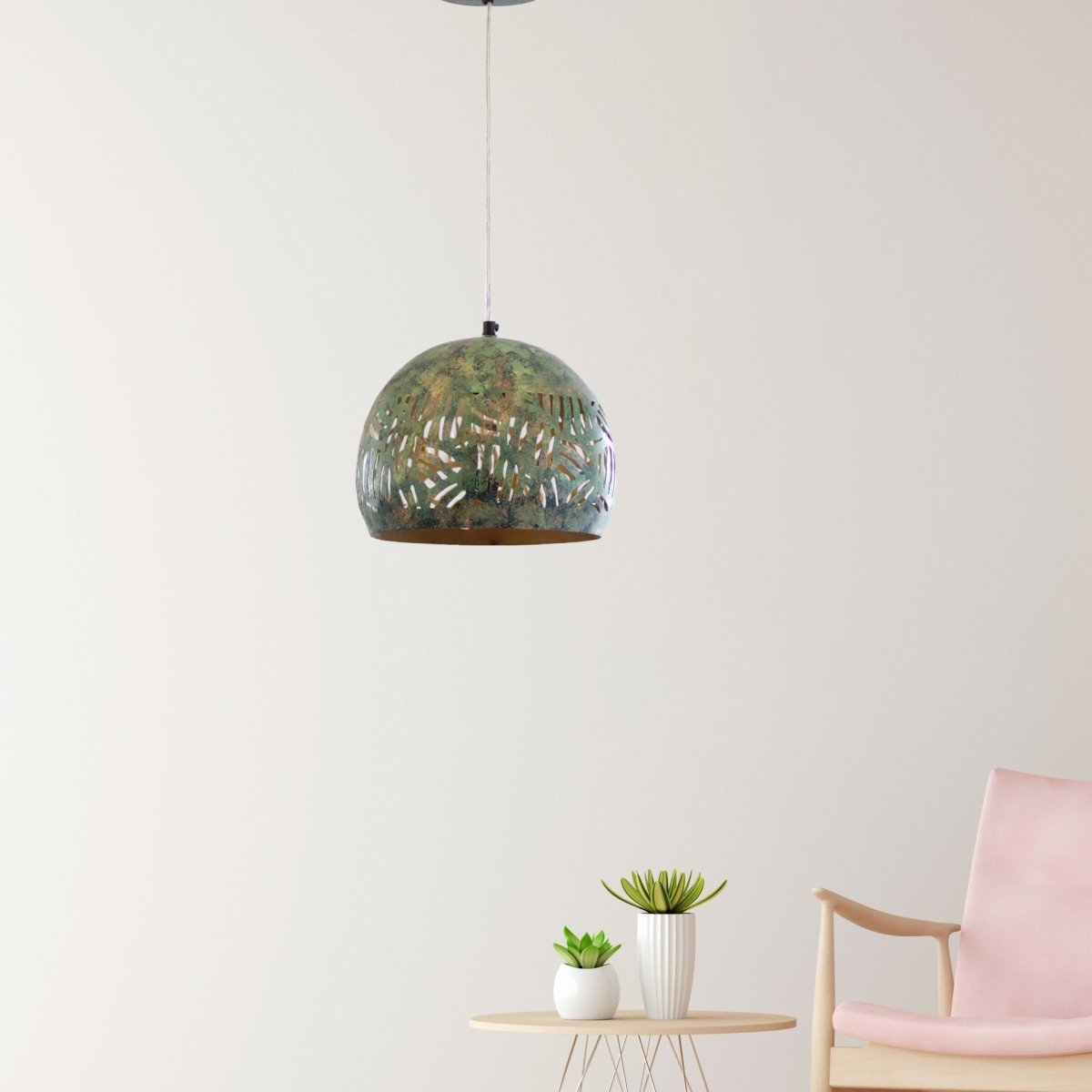 Kezevel Metal Decor Hanging Light - Handcrafted Green Patina Finish Round Hanging Light for Living Room, Decorative Pendant Light, Size 27X27X24 CM - Kezevel