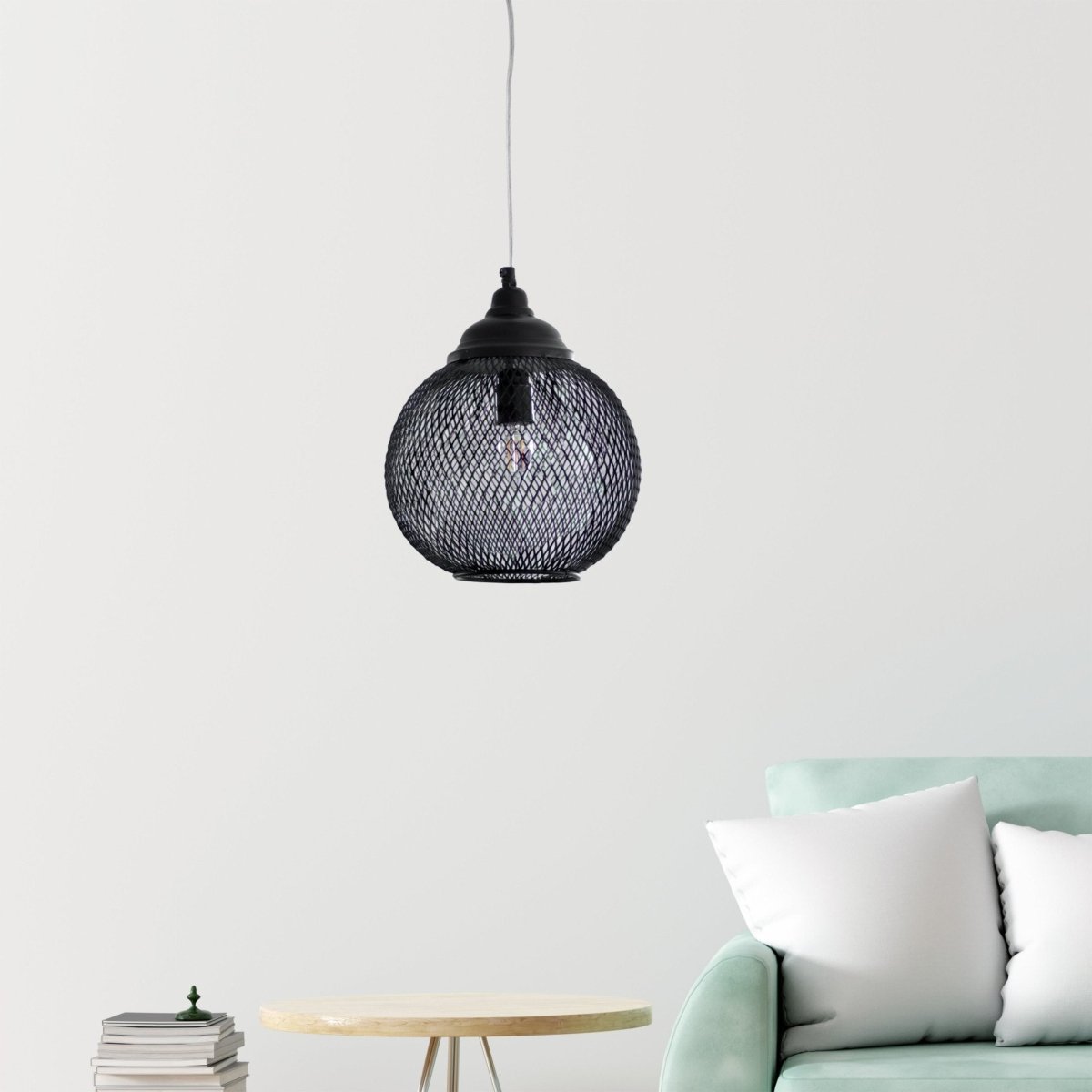 Kezevel Metal Decor Hanging Light - Handcrafted Netted Round Matte Black Hanging Light for Living Room, Decorative Pendant Light, Size 25X25X30 CM - Kezevel