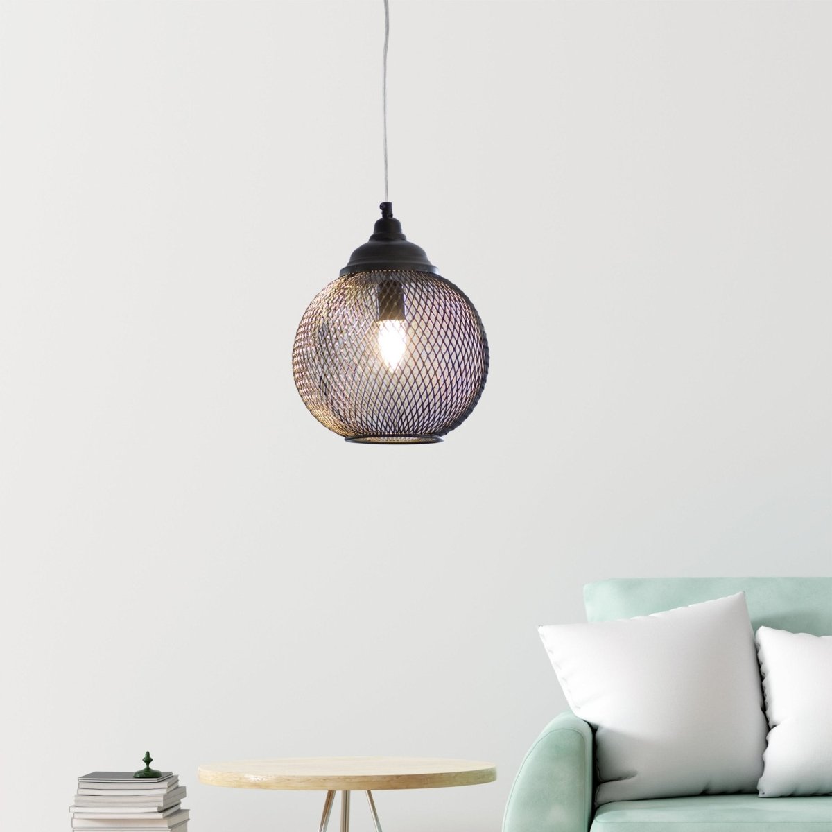 Kezevel Metal Decor Hanging Light - Handcrafted Netted Round Matte Black Hanging Light for Living Room, Decorative Pendant Light, Size 25X25X30 CM - Kezevel