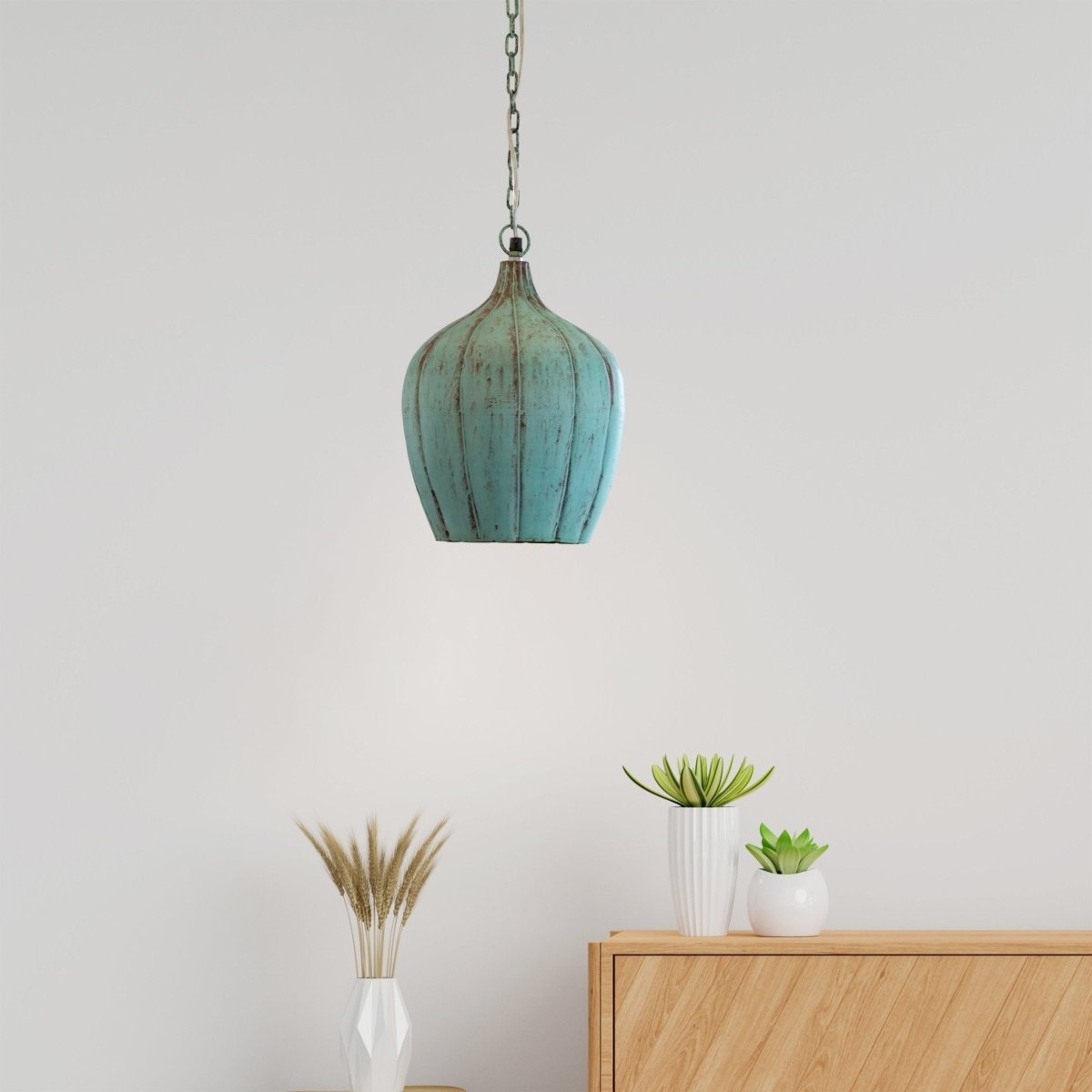 Kezevel Metal Decor Hanging Light - Handcrafted Patina Blue Pumpkin Hanging Light for Living Room, Decorative Pendant Light, Size 25.4X25.4X35.56 CM - Kezevel