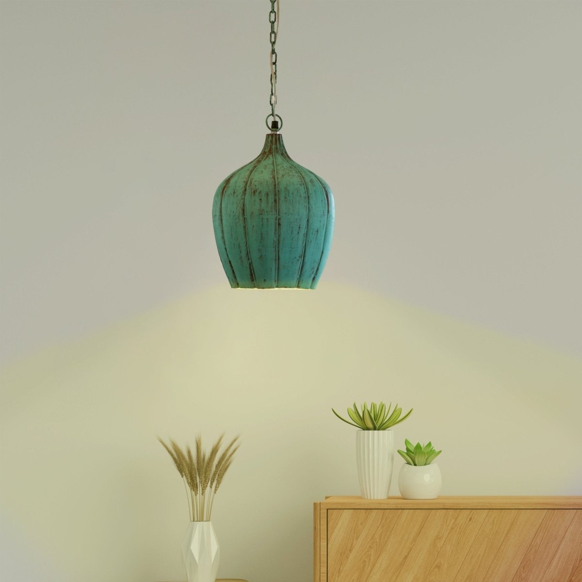 Kezevel Metal Decor Hanging Light - Handcrafted Patina Blue Pumpkin Hanging Light for Living Room, Decorative Pendant Light, Size 25.4X25.4X35.56 CM - Kezevel