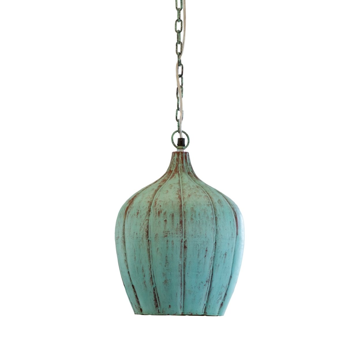 Kezevel Metal Decor Hanging Light - Handcrafted Patina Blue Pumpkin Hanging Light for Living Room, Decorative Pendant Light, Size 25.4X25.4X35.56 CM - Kezevel