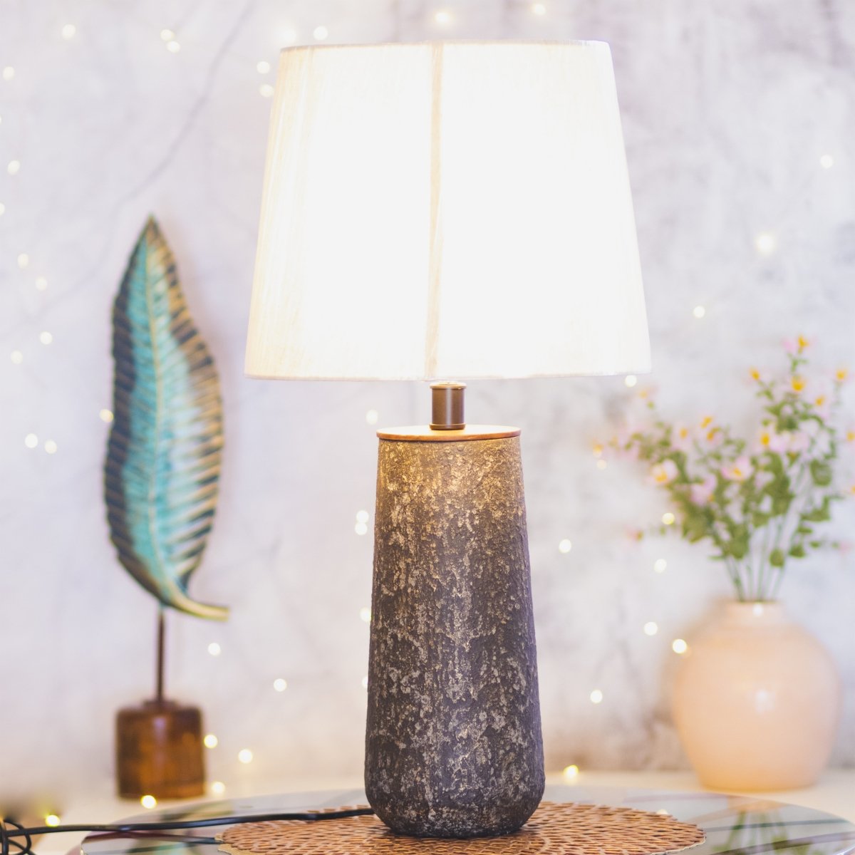 Kezevel Metal Decor Table Lamp - Antique Bronze Finish Textured Side Lamp with Fabric Shade, Table Lamps for Home Decoration
