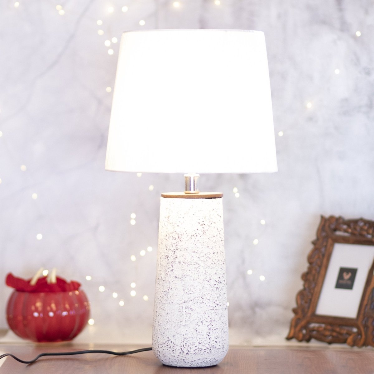 Kezevel Metal Decor Table Lamp - Antique White Finish Textured Side Lamp with Fabric Shade, Table Lamps for Home Decoration, Size 31.75X31.75X60.96CM - Kezevel