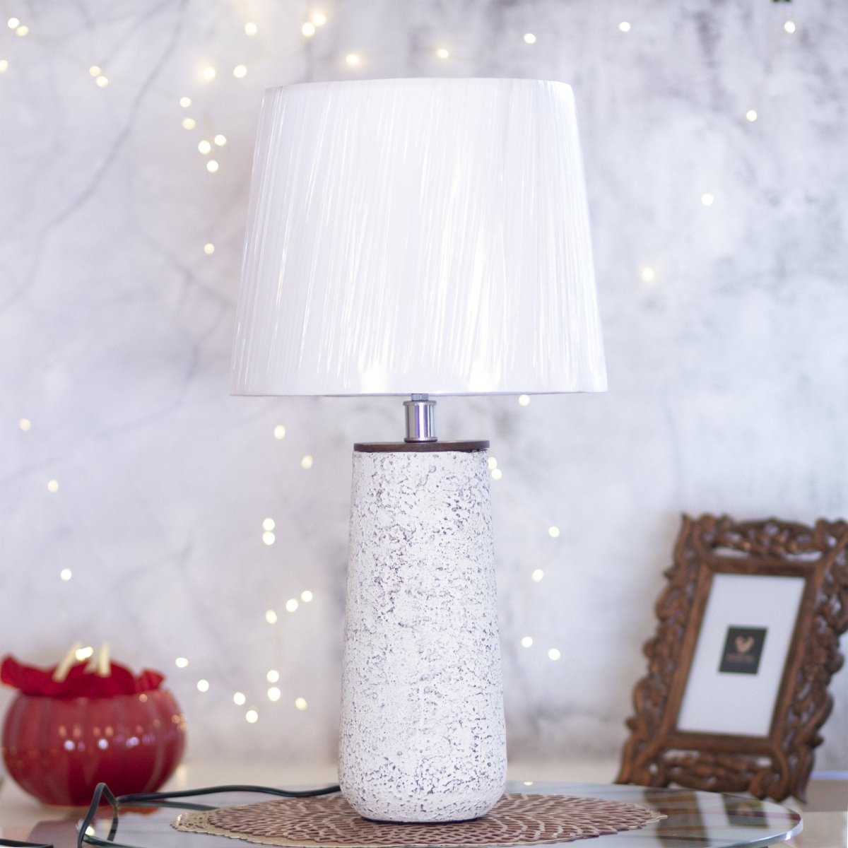 Kezevel Metal Decor Table Lamp - Antique White Finish Textured Side Lamp with Fabric Shade, Table Lamps for Home Decoration, Size 31.75X31.75X60.96CM - Kezevel