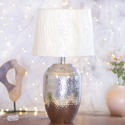 Kezevel Metal Decor Table Lamp - Glossy Nickel Finish Side Lamp with Fabric Shade for Home Decoration, Bedside Lamp