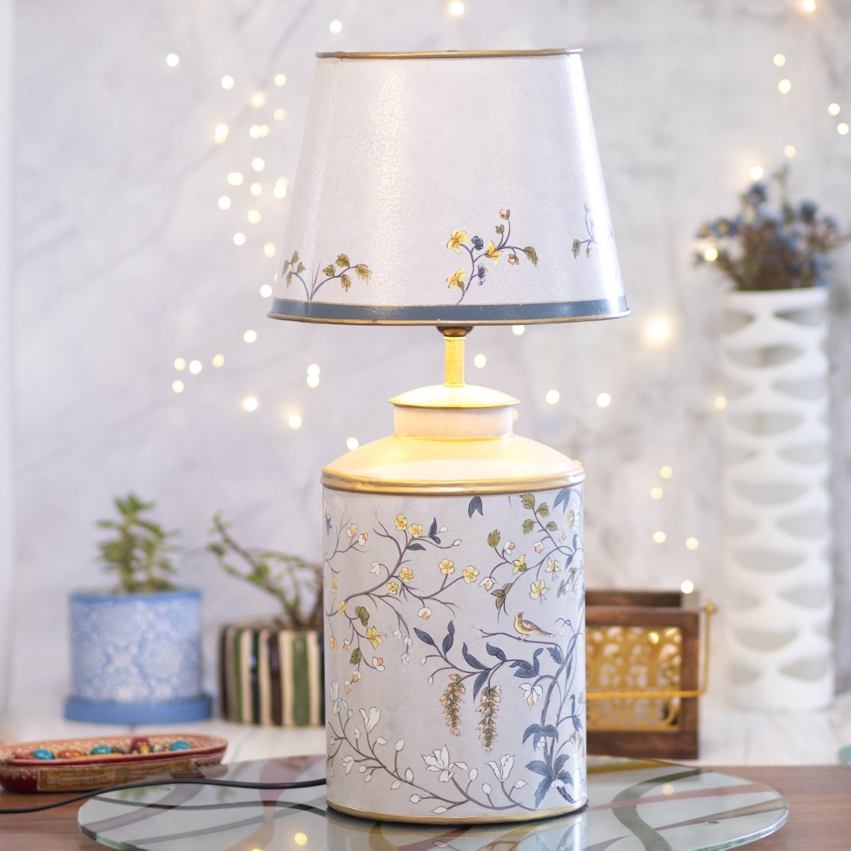 Kezevel Metal Decor Table Lamp - Grey Multicolor Floral Lamp, Metal Shade Handcrafted, Table Lamp for Living Room, Bedroom