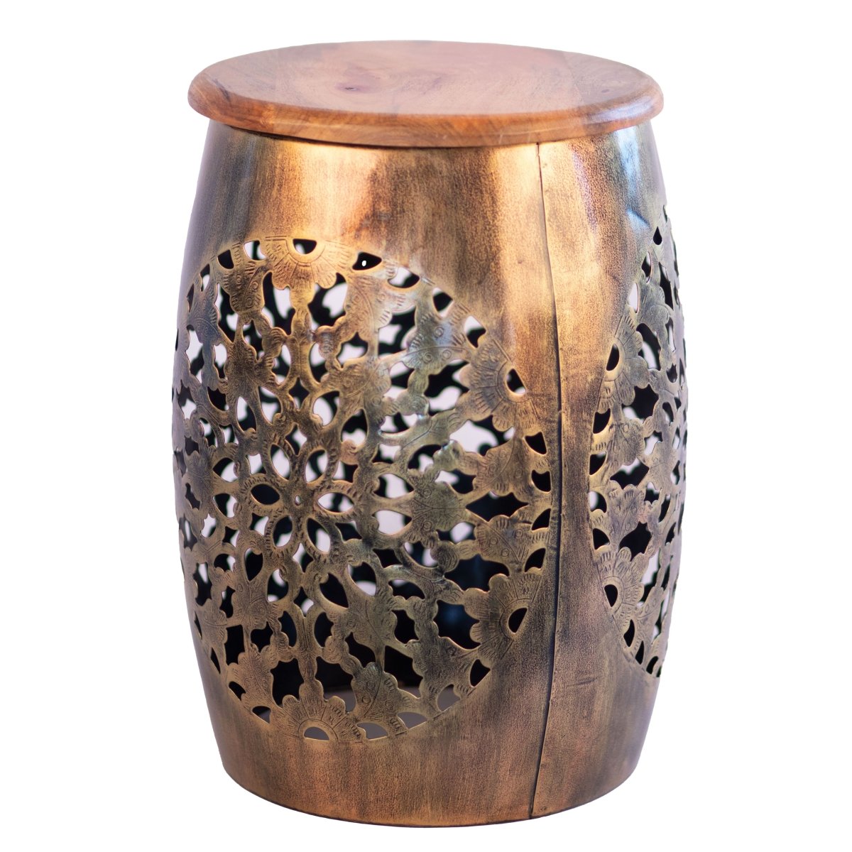 Kezevel Metal Decorative Accent Table - Handcrafted Stool cum Side Table in Antique Gold with Wooden Top for Home Decor