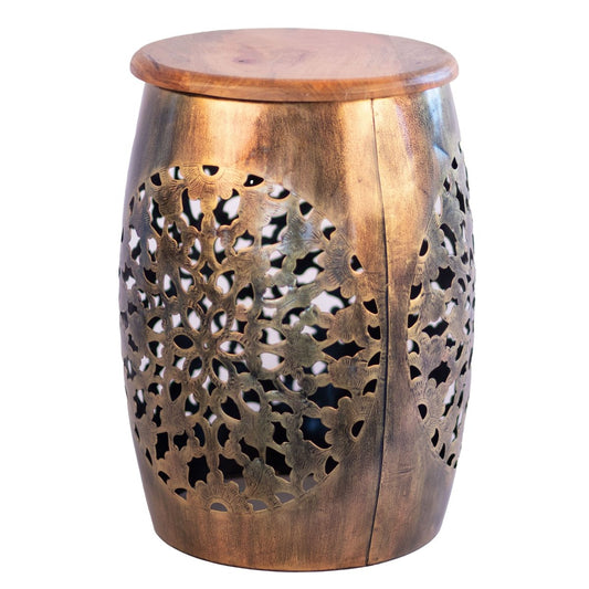 Kezevel Metal Decorative Accent Table - Handcrafted Stool cum Side Table in Antique Gold with Wooden Top for Home Decor