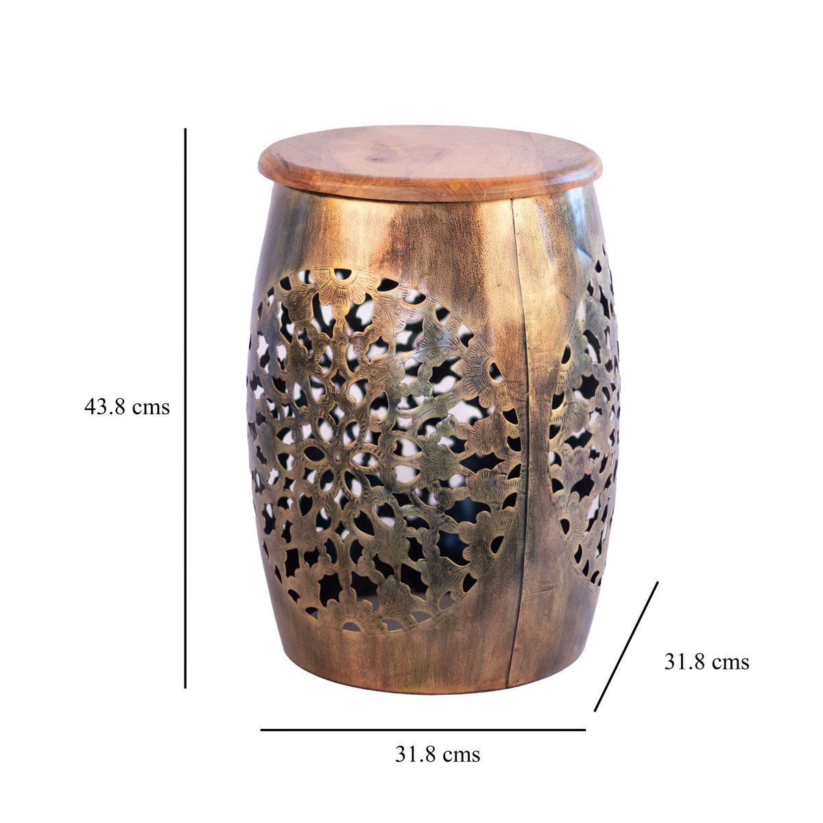 Kezevel Metal Decorative Accent Table - Handcrafted Stool cum Side Table in Antique Gold with Wooden Top for Home Decor