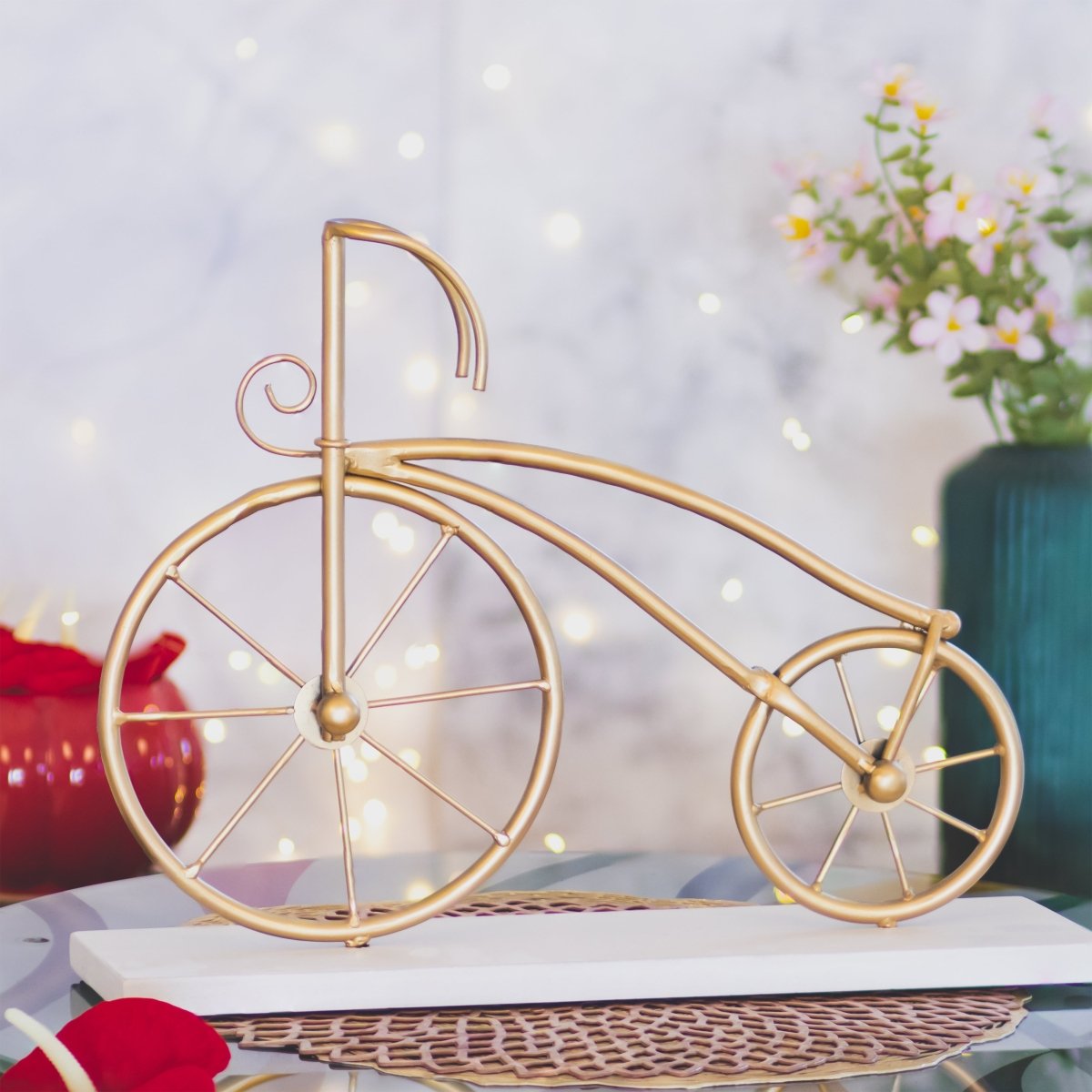 Kezevel Metal Decorative Cycle Showpiece - Handcrafted Golden Cycle Statue on Wooden Base, Vintage Cycle for Home Decor