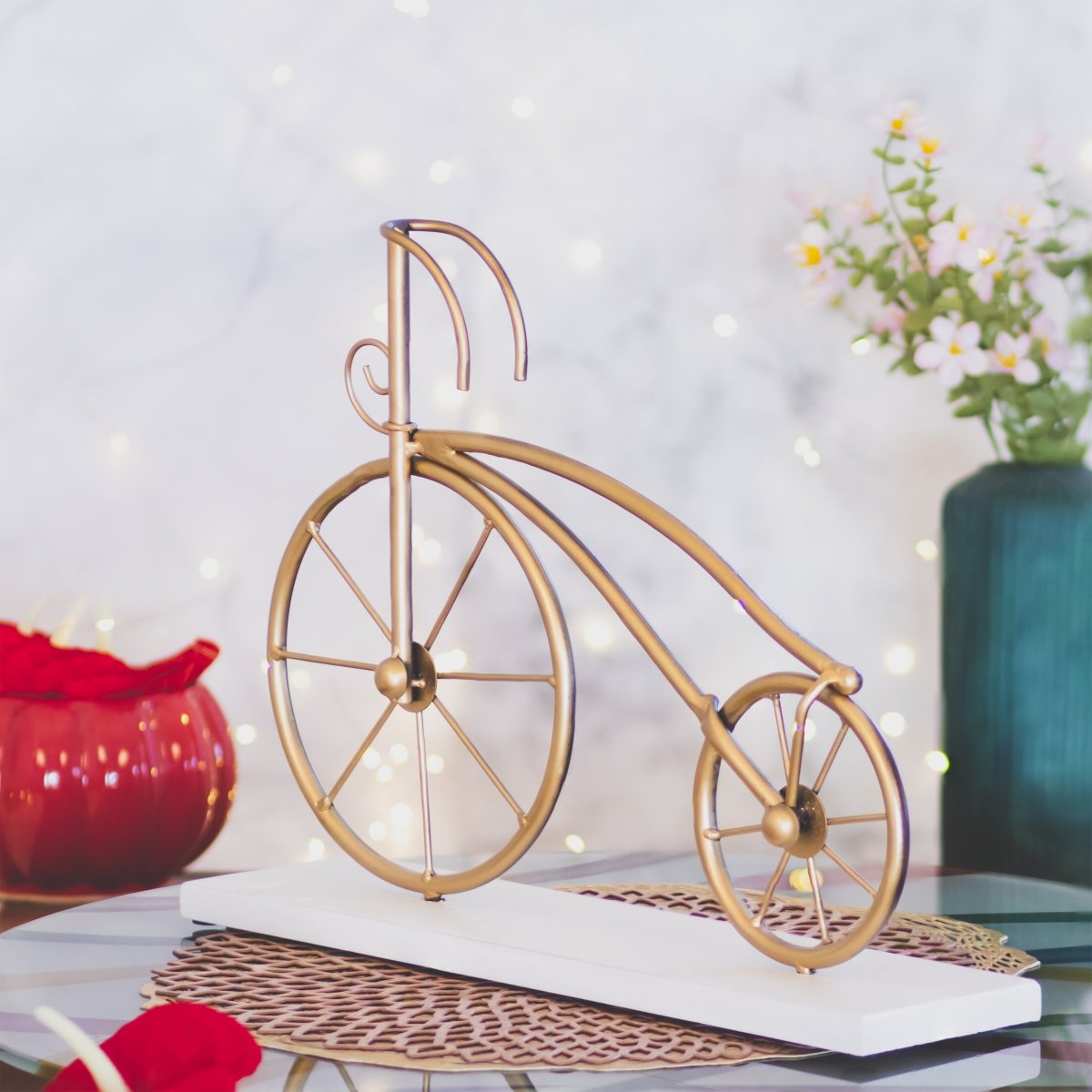 Kezevel Metal Decorative Cycle Showpiece - Handcrafted Golden Cycle Statue on Wooden Base, Vintage Cycle for Home Decor