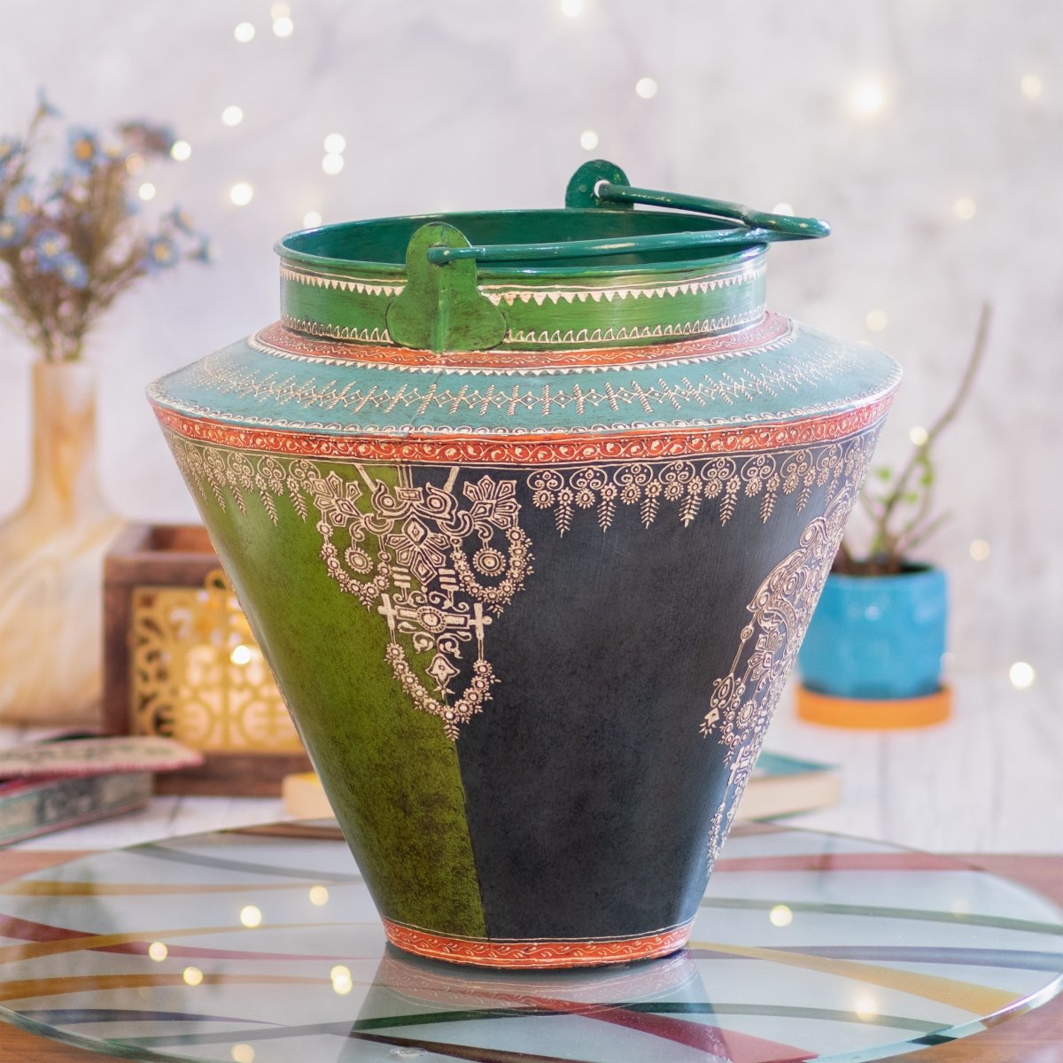 Kezevel Metal Decorative Floor Vase Pot - Antique Green Blue Handcrafted Vases for Living Room Corner, Metal Pot Home Decor
