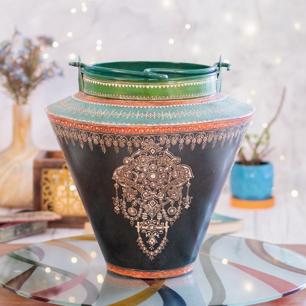 Kezevel Metal Decorative Floor Vase Pot - Antique Green Blue Handcrafted Vases for Living Room Corner, Metal Pot Home Decor