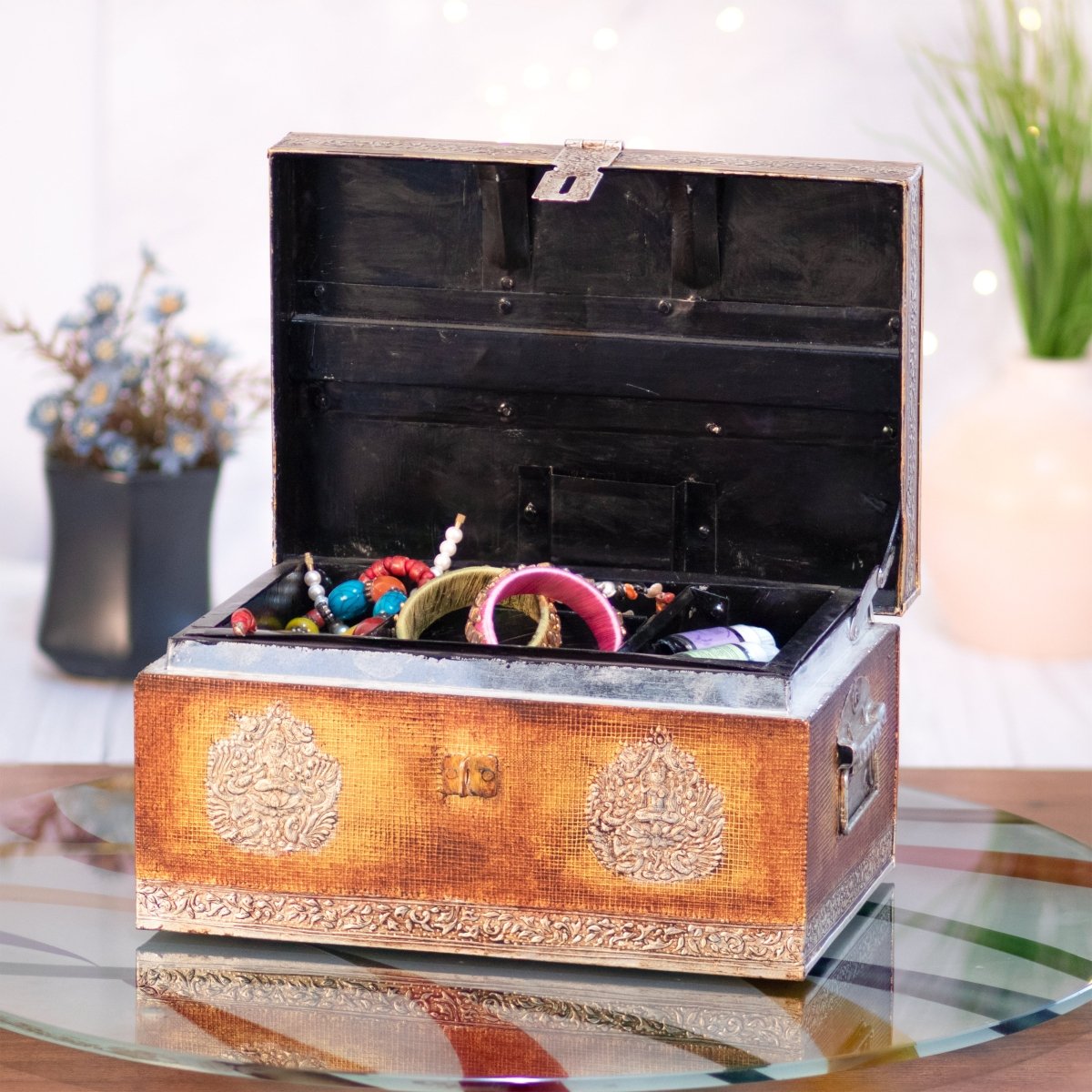 Kezevel Metal Decorative Storage Box - Rectangle Antique Golden Handcrafted Trinket Box, Jewelry Box, Treasure Box Home Decor