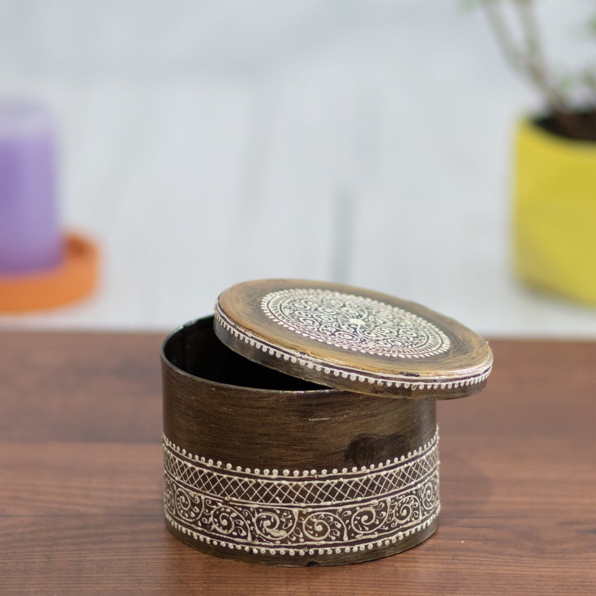Kezevel Metal Decorative Storage Box - Round Antique Golden Handcrafted Trinket Box, Jewelry Box, Stash Box, Treasure Box