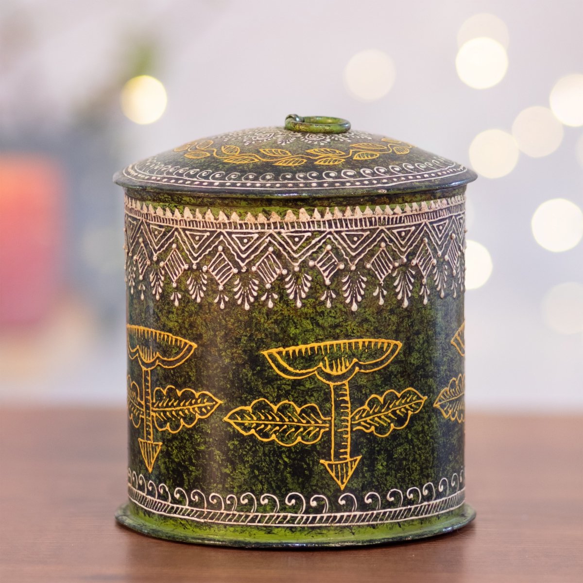 Kezevel Metal Decorative Storage Box - Round Antique Green Handcrafted Trinket Box, Jewelry Box, Stash Box, Treasure Box