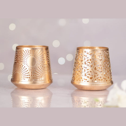 Kezevel Metal Decorative T-Light Holder - Set of 2 Handcrafted Golden Candle Holder for Home Decor, Festive Decor, Gift, Size 10.16X10.16X10.5 CM each - Kezevel
