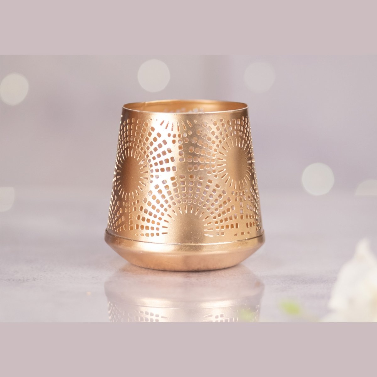 Kezevel Metal Decorative T-Light Holder - Set of 2 Handcrafted Golden Candle Holder for Home Decor, Festive Decor, Gift, Size 10.16X10.16X10.5 CM each - Kezevel