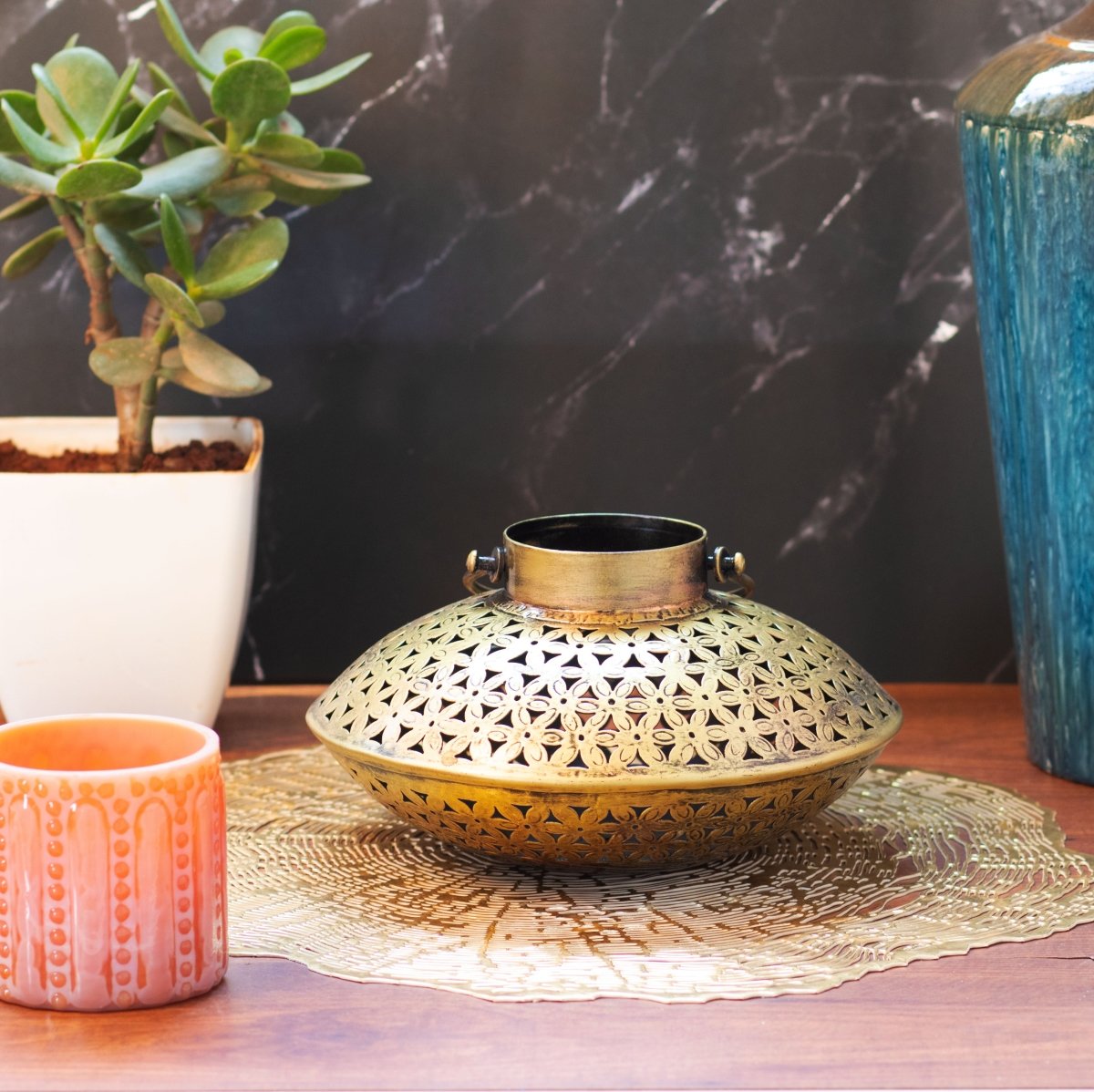 Kezevel Metal Decorative Tealight Holder - Artistically Handcrafted Metal Tealight Lamp in Antique Gold Finish, Table Decor