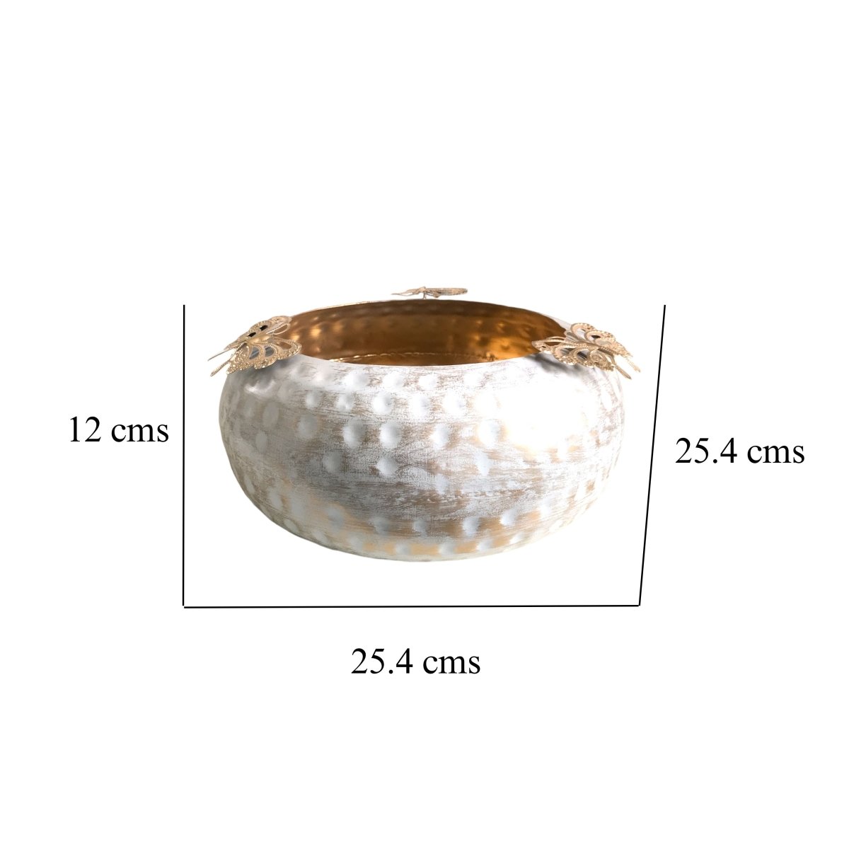 Kezevel Metal Decorative Urli Bowl - Butterfly Motif White Golden Handcrafted Decorative Bowls for Home Decor, Urli Pots, Size 25.4X25.4X12 CM - Kezevel