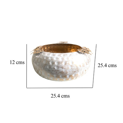 Kezevel Metal Decorative Urli Bowl - Butterfly Motif White Golden Handcrafted Decorative Bowls for Home Decor, Urli Pots, Size 25.4X25.4X12 CM - Kezevel
