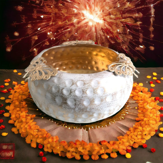 Kezevel Metal Decorative Urli Bowl - Butterfly Motif White Golden Handcrafted Decorative Bowls for Home Decor, Urli Pots, Size 25.4X25.4X12 CM - Kezevel