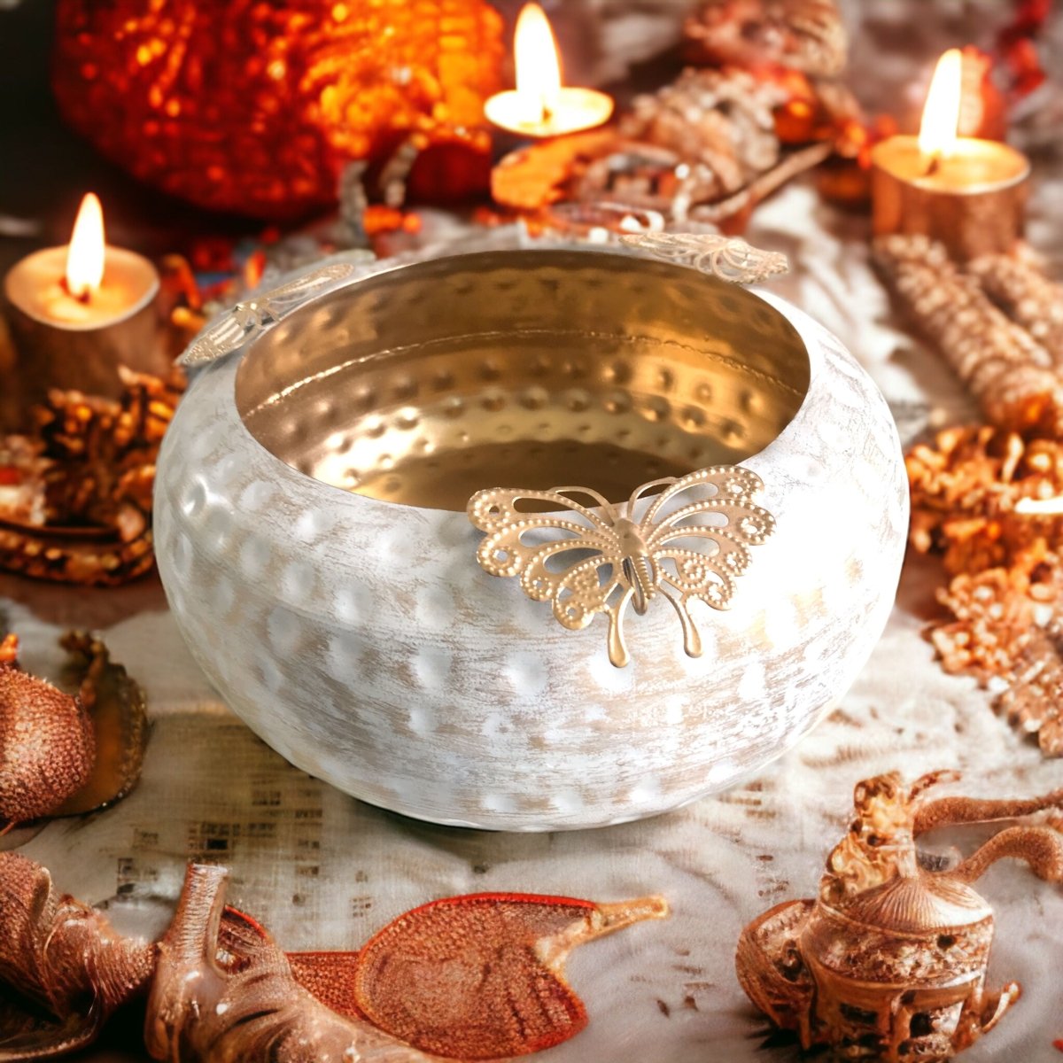Kezevel Metal Decorative Urli Bowl - Butterfly Motif White Golden Handcrafted Decorative Bowls for Home Decor, Urli Pots, Size 30.48X30.48X13 CM - Kezevel